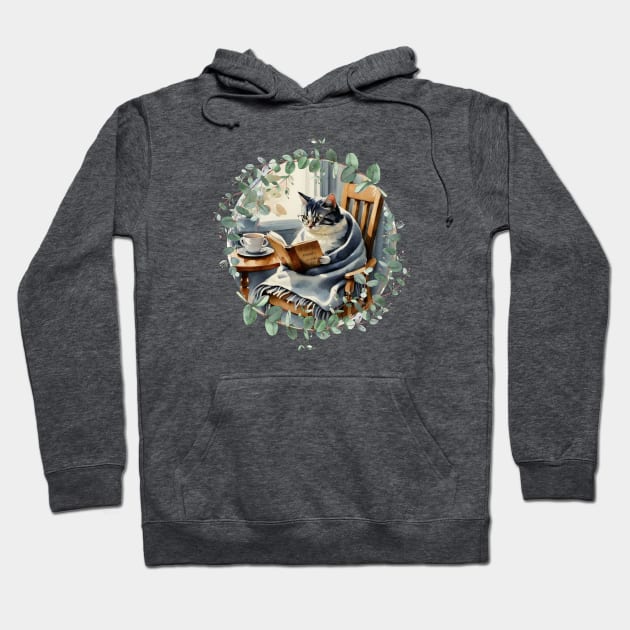 Cottagecore Cat Reading A Book Hoodie by HoldenFamilyDesigns